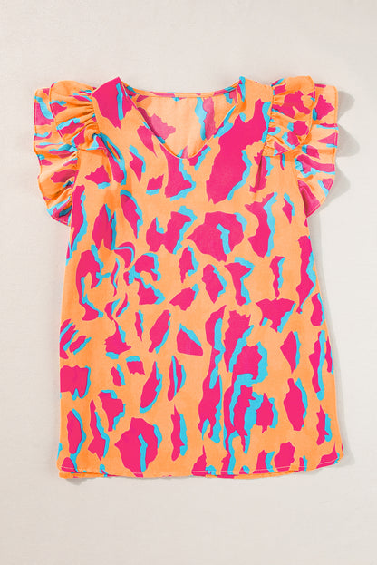 Oranje blouse met abstracte print, V-hals en ruches aan de mouwen