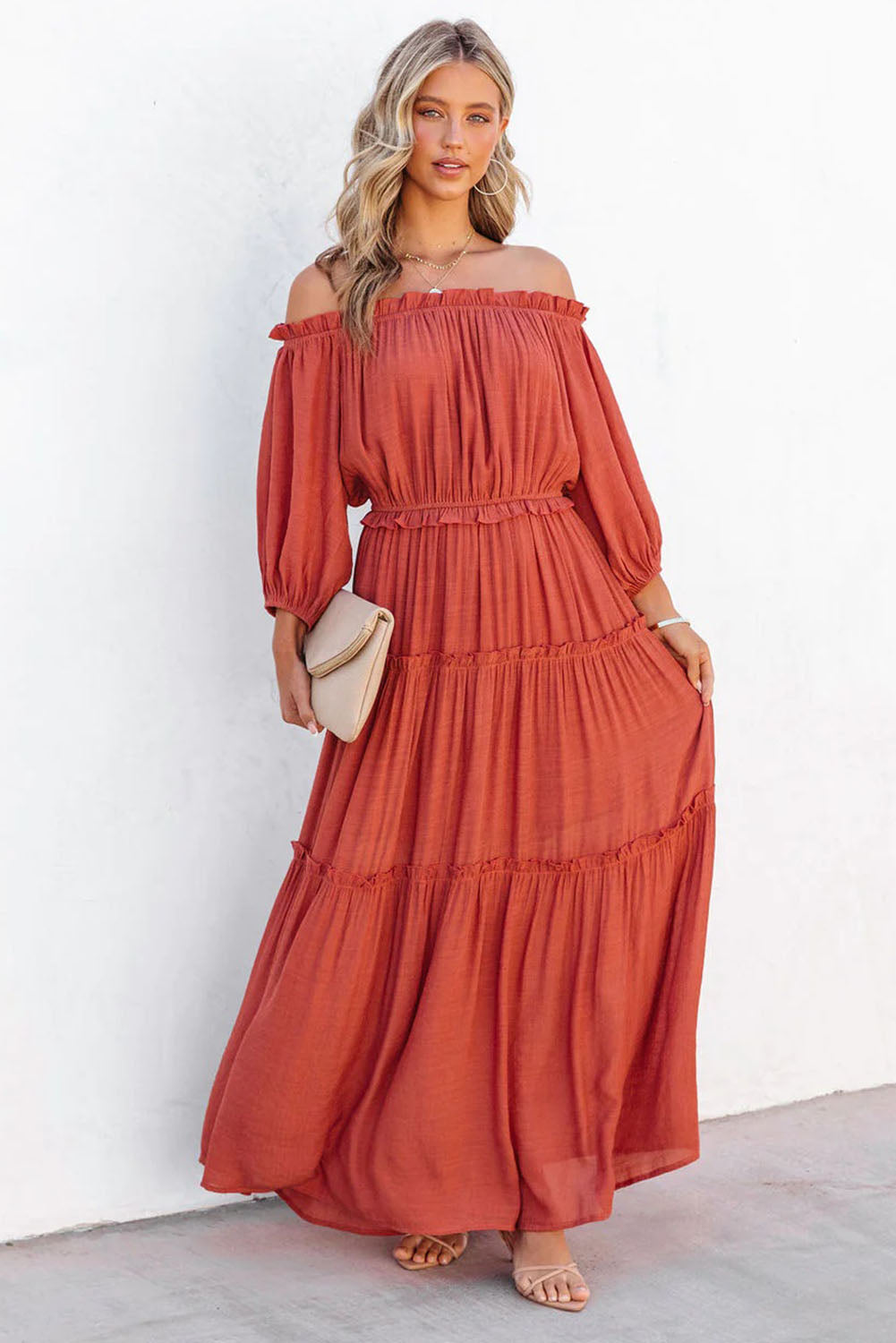 Oranje off-shoulder ballonmouwen uitgesneden maxi-jurk met ruches