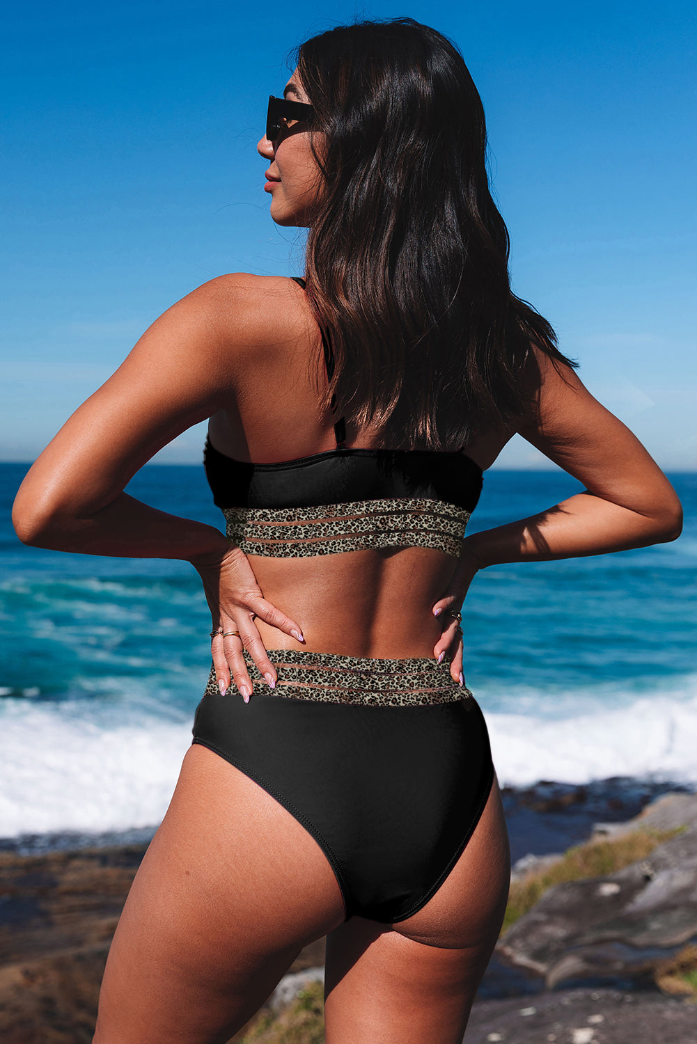 Zwart roze luipaard mesh trim 2-delig bikinibadpak