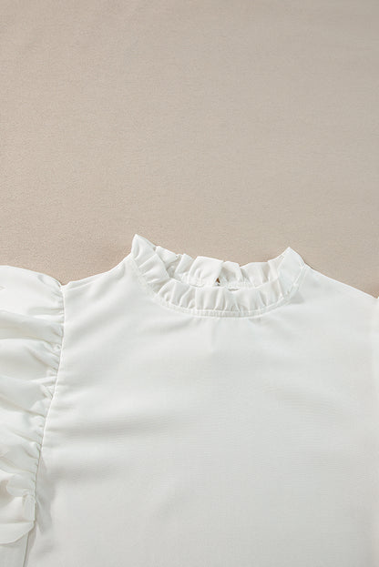 White Solid Color Scalloped Ruffle Sleeve Top