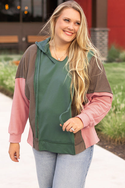 Breen Plus Size Colorblock Patchwork V-hals Hoodie