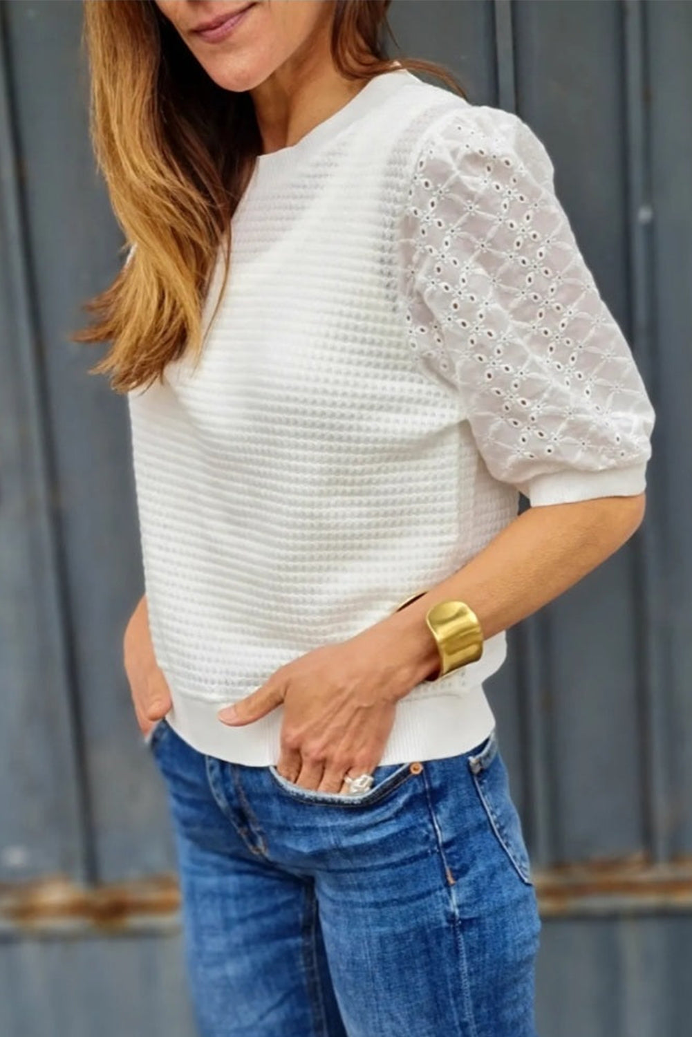 White Broderie Anglaise Puff Sleeve Waffle Knit Tee