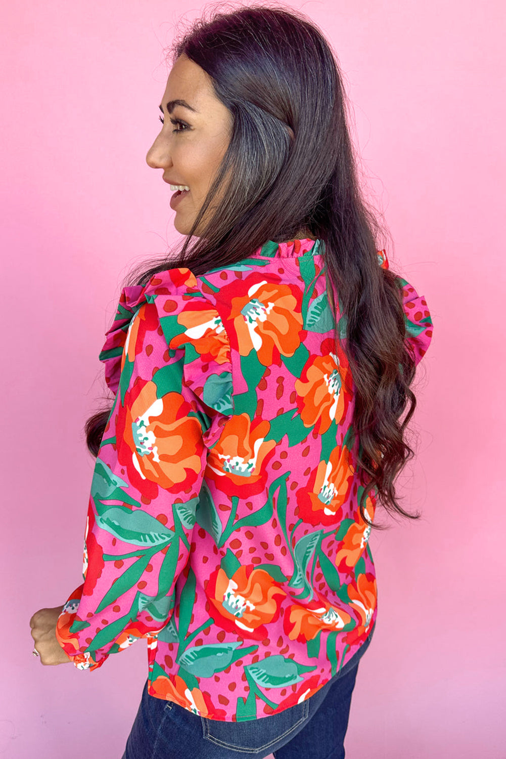 Roze bloemenprint geplooide ruches O-hals plus maat blouse