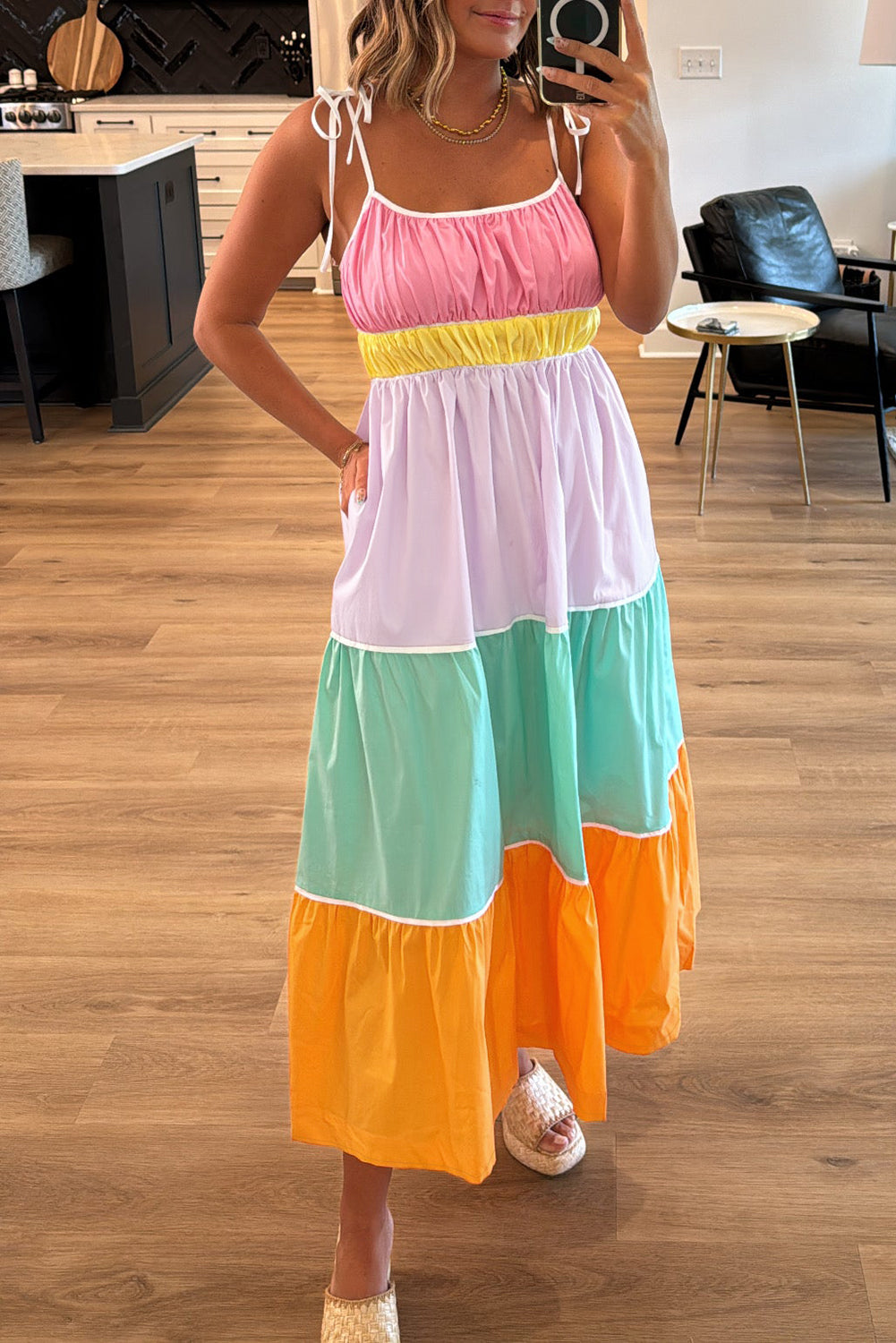 Multicolour colorblock zelfblokken riemen hoge taille flowy maxi-jurk met zakken