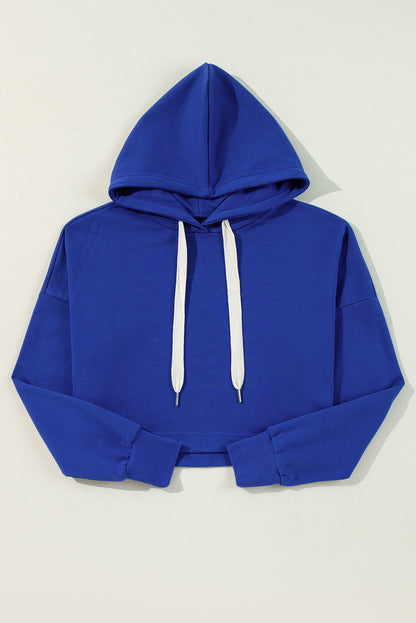 Donkerblauwe effen hoodie met verlaagde schouders en trekkoord