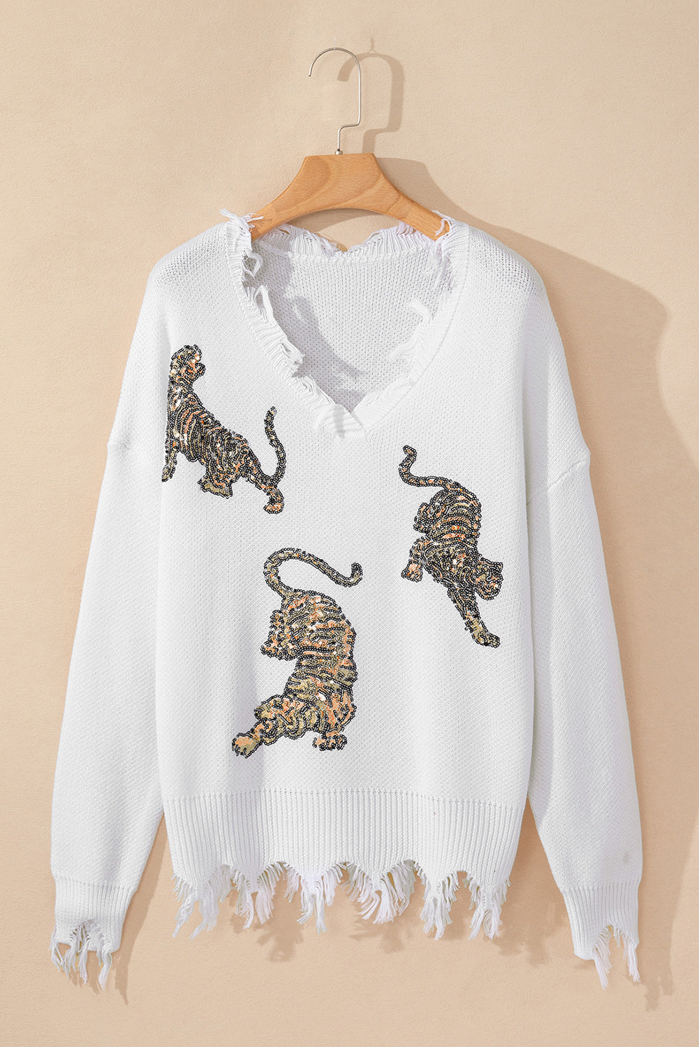 White Frayed Sequin Tiger Sweater