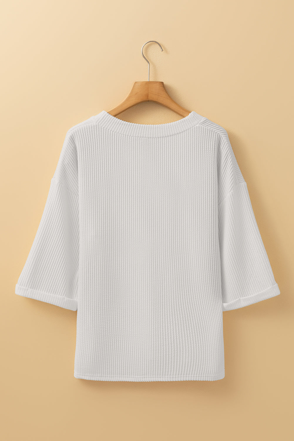 White Solid Color Corded Drop Shoulder 3/4 Sleeve V Neck Top