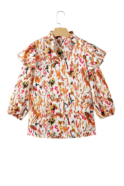 Veelkleurige blouse met 3/4 pofmouwen en ruches met abstracte print