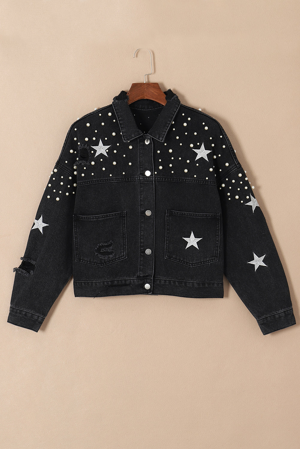 Zwart Distressed Pearls Star cropped spijkerjack