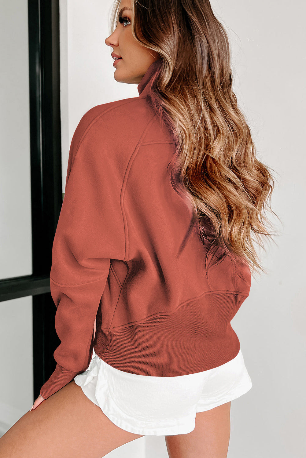 Flamingo Fleece gevoerde rits omhoog Stand Kraag Thumbhole Sweatshirt