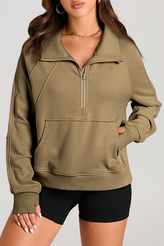 Bruine Quarter Zip Standhals Kangoeroe Pocket Sweatshirt