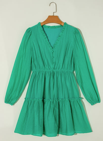 Sea Green Frilly V Neck Puff Sleeve Drawstring Shift Mini Dress