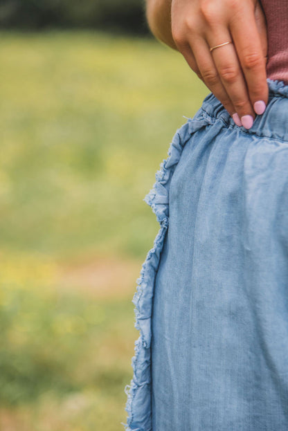 Myosotis licht wassen rauwe zoom gegolfde brede poot jeans