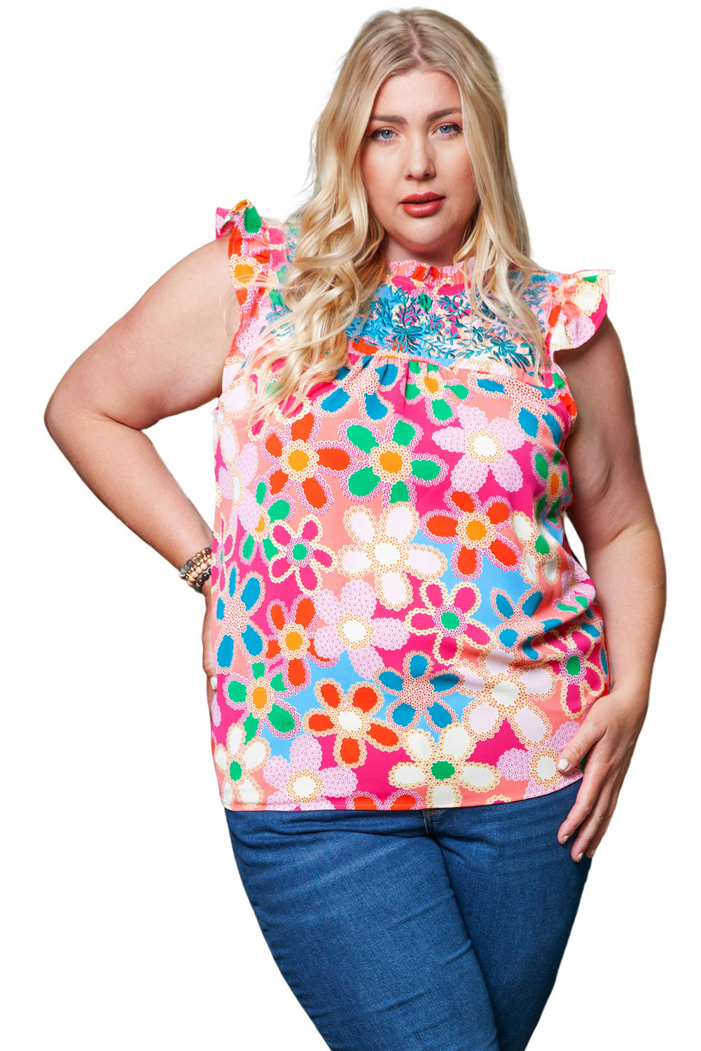 Veelkleurige tanktop met bloemengeborduurde grote maten en fladdermouwen