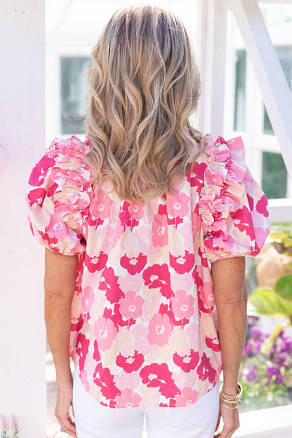 Pink Split Neck Ruffled Puff Sleeves Floral Top