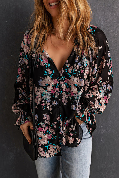 Zwarte chiffon blouse met wilde bloemenprint