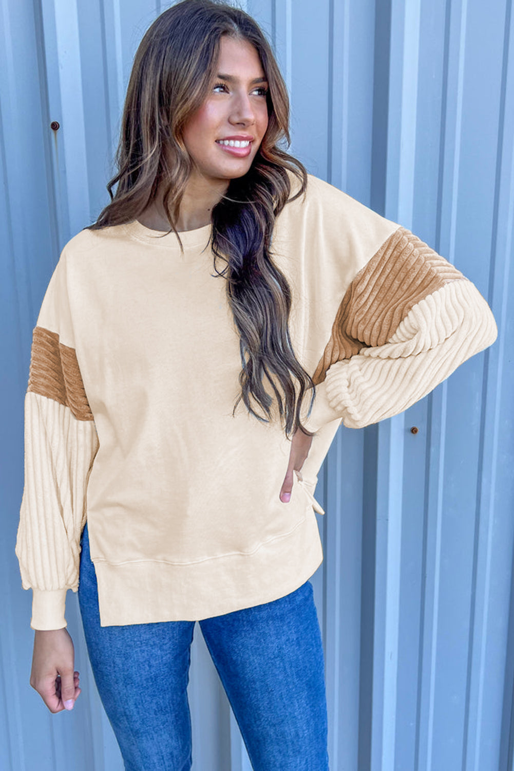 Abrikoos Corduroy Patchwork Drop Shoulder Sweatshirt met Lange Mouwen