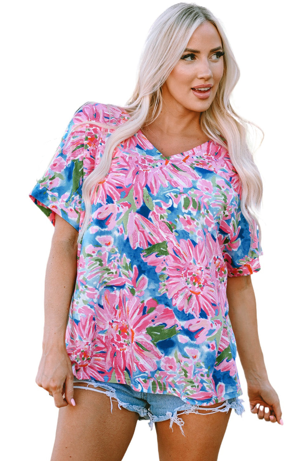 Pink Floral Print Loose Fit V Neck T Shirt