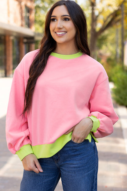 Pink Colorblock Bubble Sleeve Sweatshirt