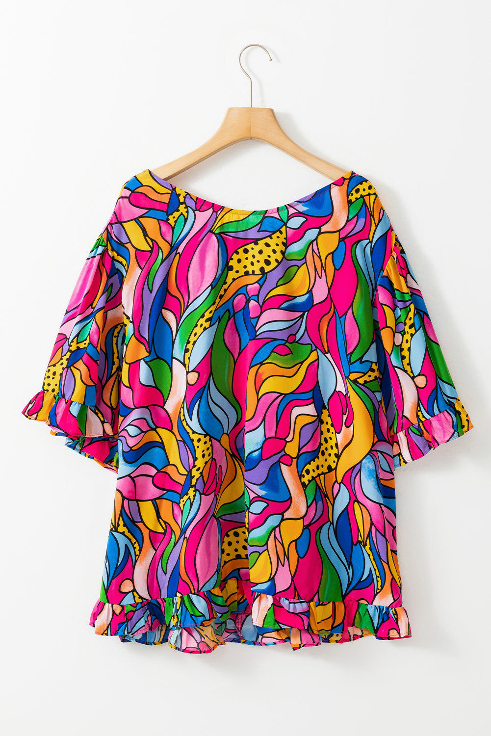 Roze abstracte print plus maat blouse met ruches