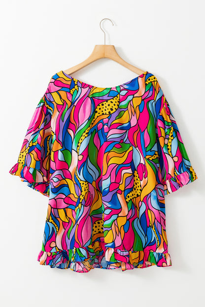 Roze abstracte print plus maat blouse met ruches