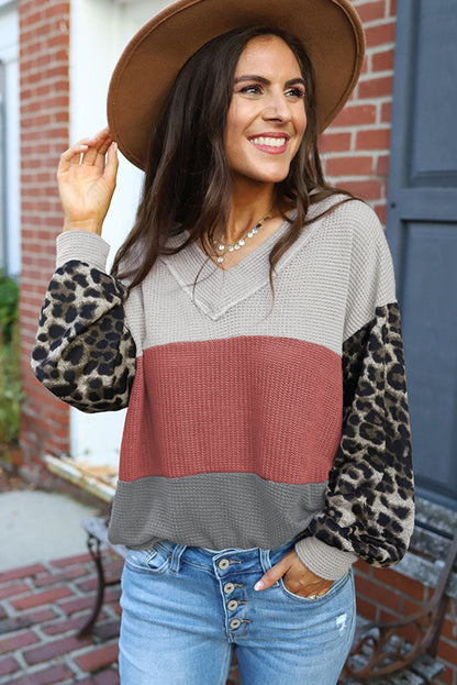 Fiery Red Wild Leopard Contrast Sleeve Colorblock Waffle Knit Top