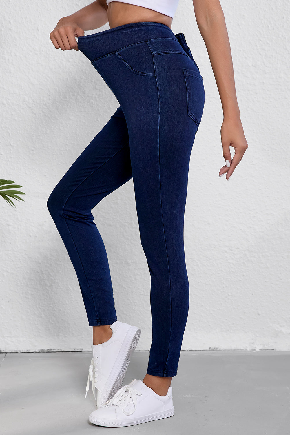 Ashleigh Blauwe Effen Kleur Hoge Taille Rekbare Slim Fit Jeggings