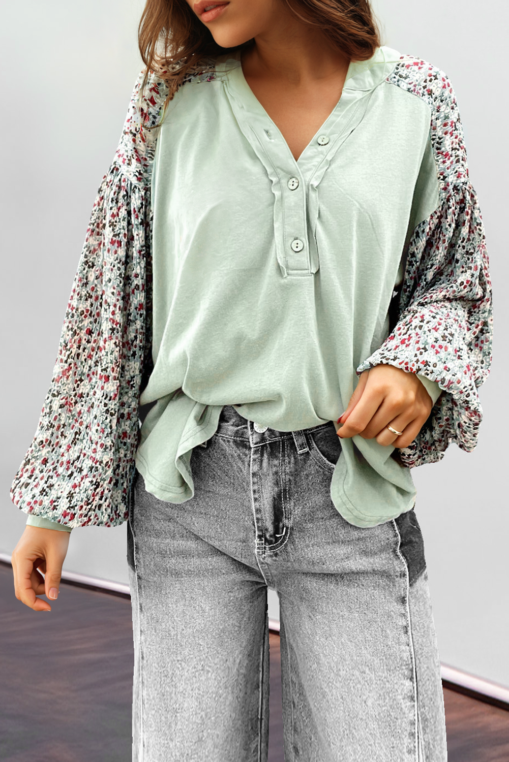 Meadow Mist Green Contrast Printed Bubble Sleeve Henley Loose Top with Slits