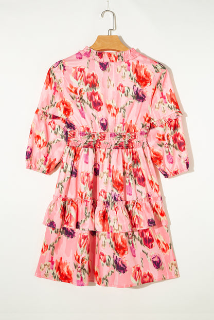 Roze gesmokte mini-jurk met hoge taille en abstracte print