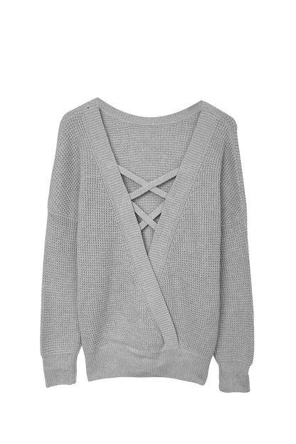 Gray Cross Back Hollow-out Sweater