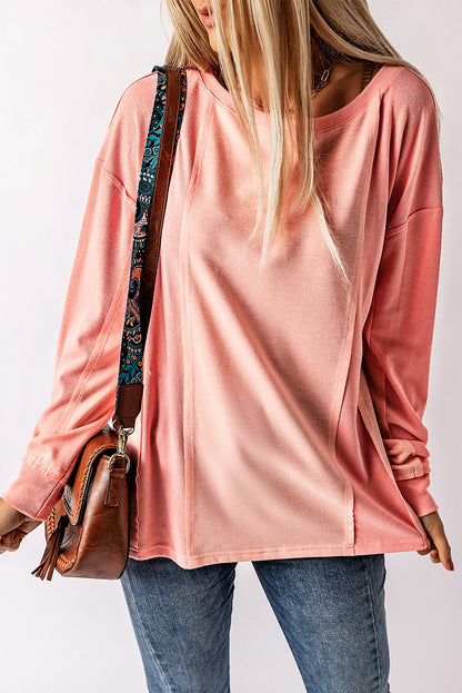 Roze effen kleur patchwork top met lange mouwen