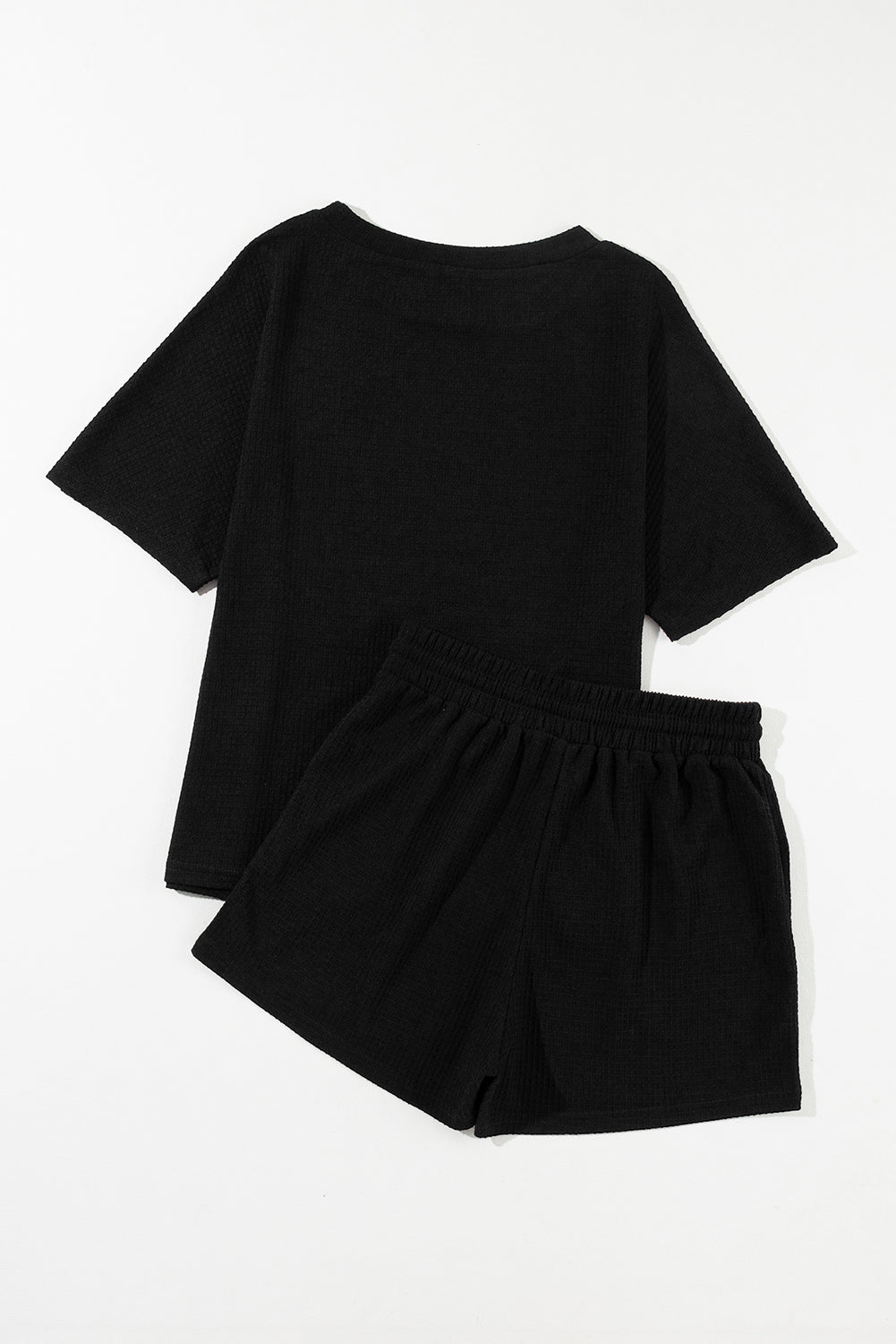 Black Casual Textured Tee and Drawstring Shorts Set