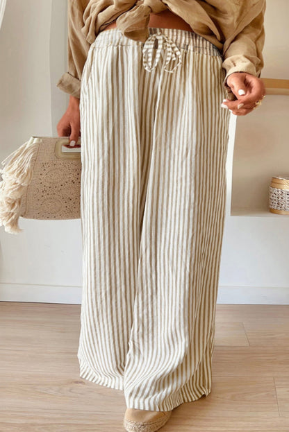 Khaki Stripe Plus Size Trekkoord Hoge Taille Wijde Pijpen Broek