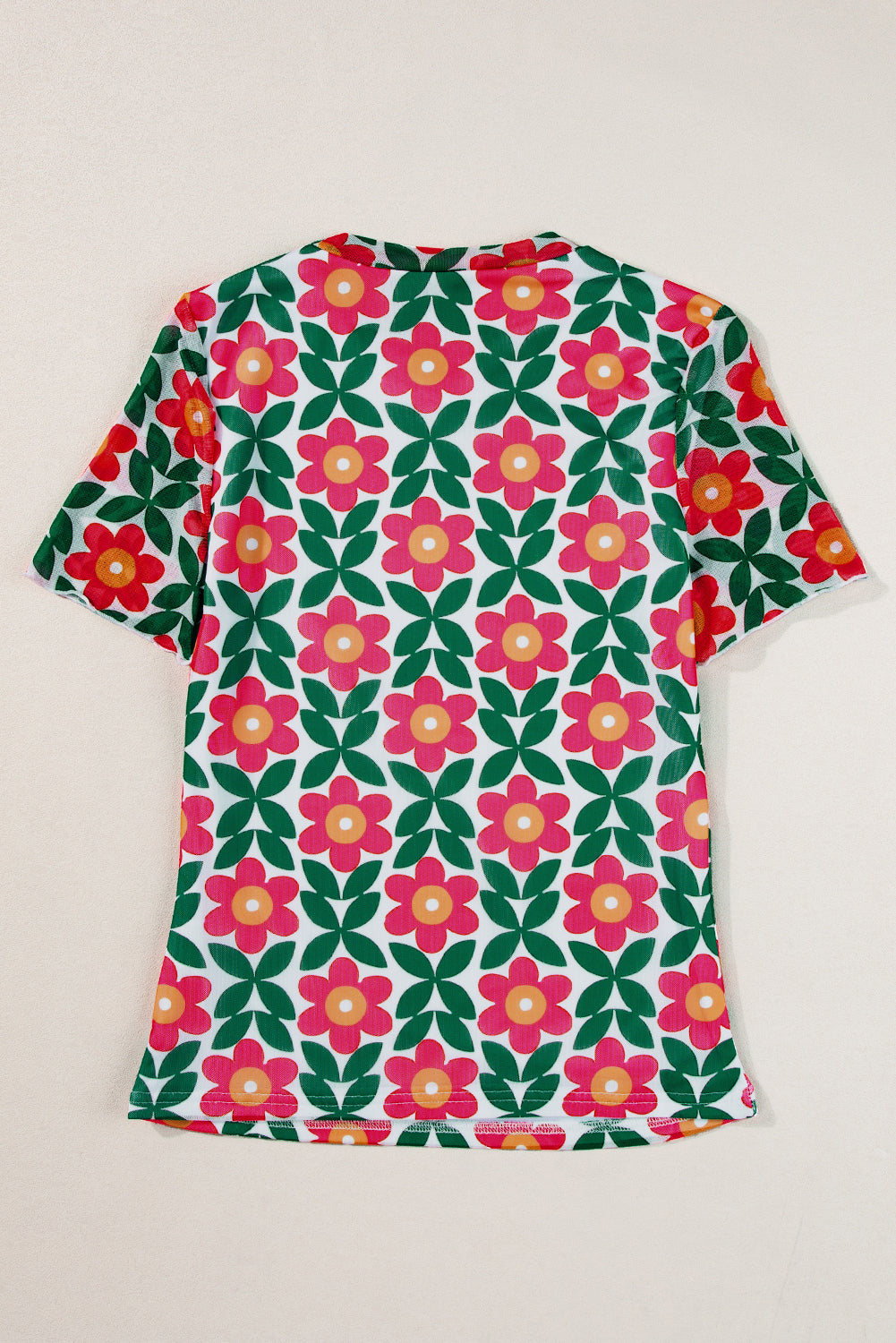 Vurig rood retro T-shirt met ronde hals en bloemenprint