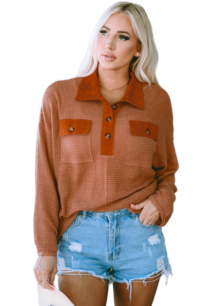 Brown Waffle Knit Button Contrast Trim Long Sleeve Top