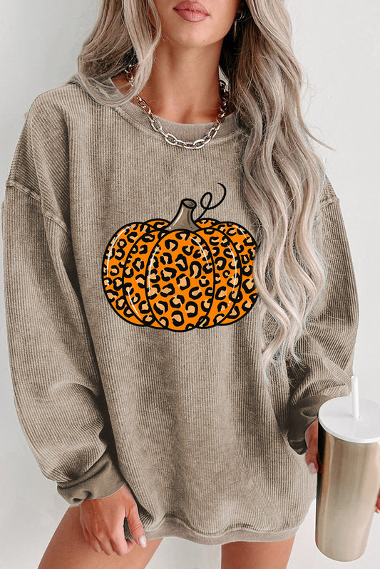 Khaki Halloween Luipaard Pompoen Grafische Corded Sweatshirt