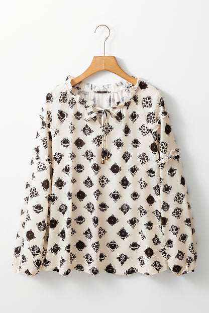 White Printed Split Neck Bubble Sleeve Loose Blouse