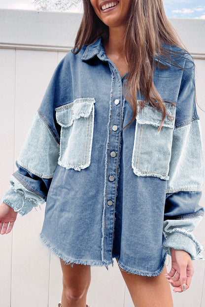 Blauw kleurblok gerafeld oversized denim jack met patchwork