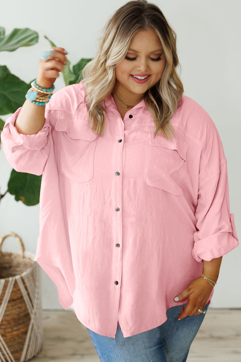 Roze overhemd met klepzak, tab-mouw, button-down en grote maat