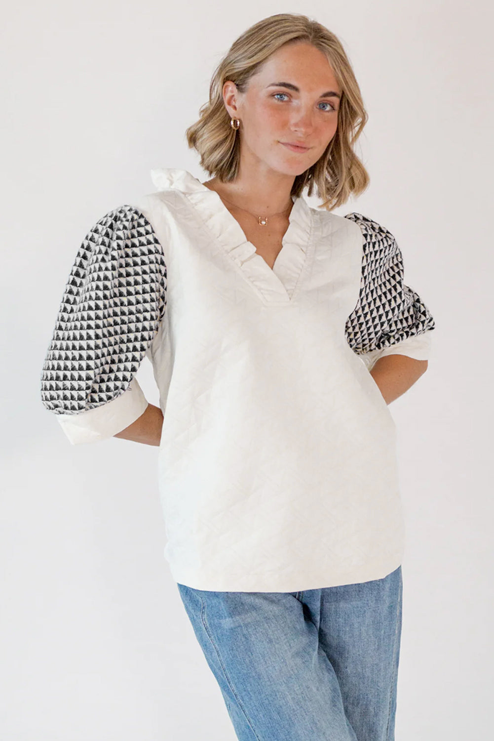 White Geometric Textured Short Sleeve Frilly V Neck Blouse