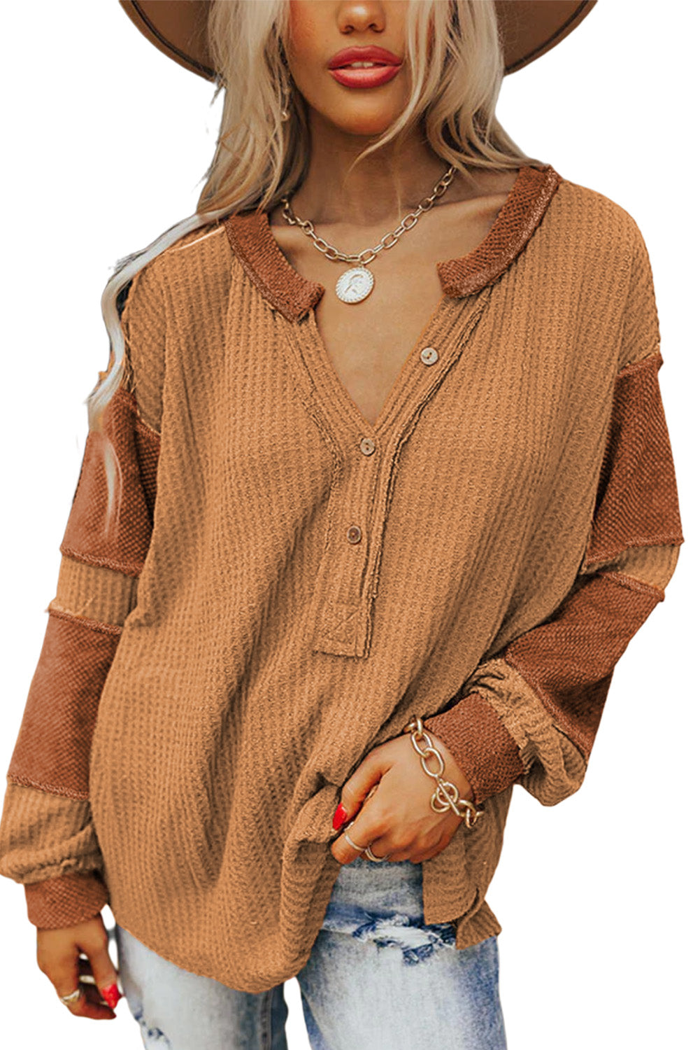 Orange Contrast Patched Exposed Seam Waffle Knit Henley Top