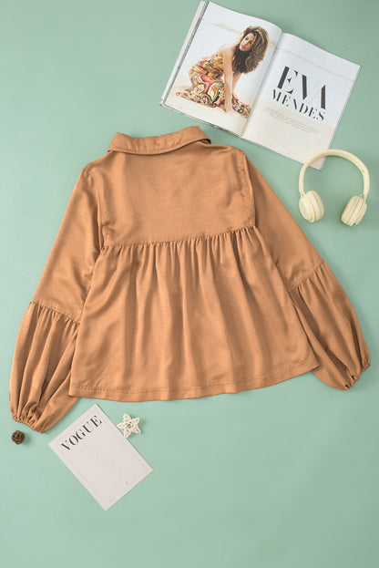 Brown Puff Sleeve Collared Pleated Babydoll Blouse