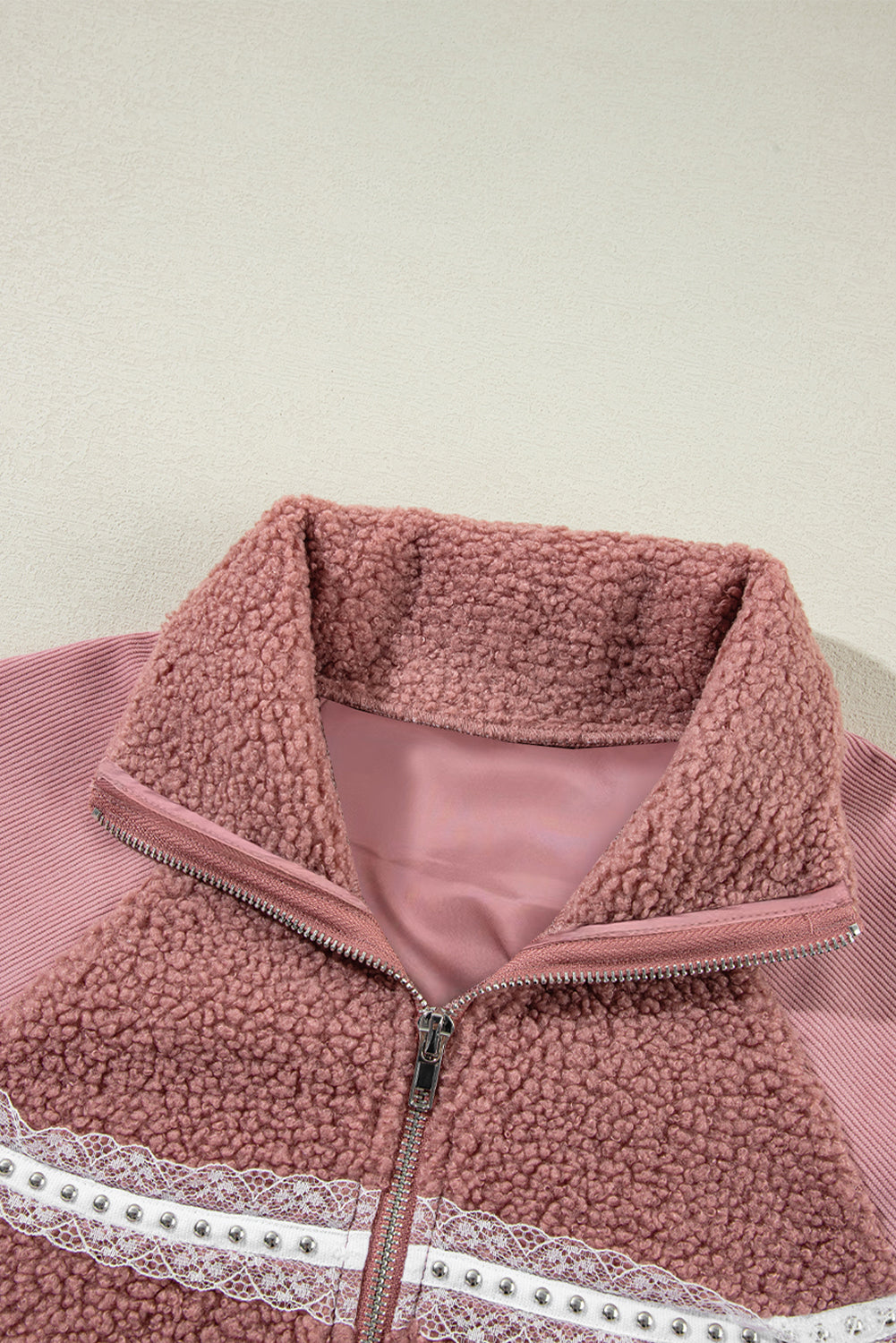 Roze sherpa patchwork kanten elastische manchetten ritsjack