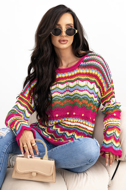 Rose Red Colorblock Striped Hollowed Knit Loose Sleeve Sweater