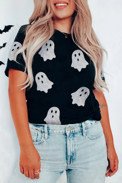 Black Glitter Ghost Patroon Crew Neck Halloween T -shirt