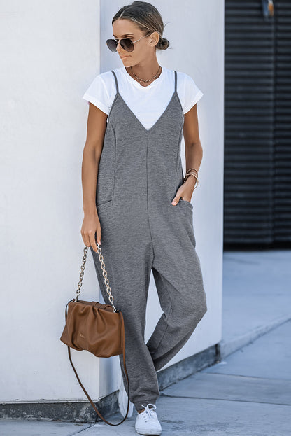 Grijze getextureerde mouwloze casual jumpsuit met V-hals en zakken