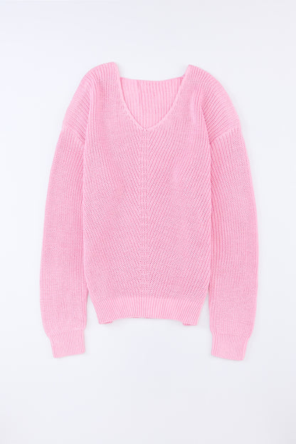 Pink Ribbed Knit V Neck Sweater