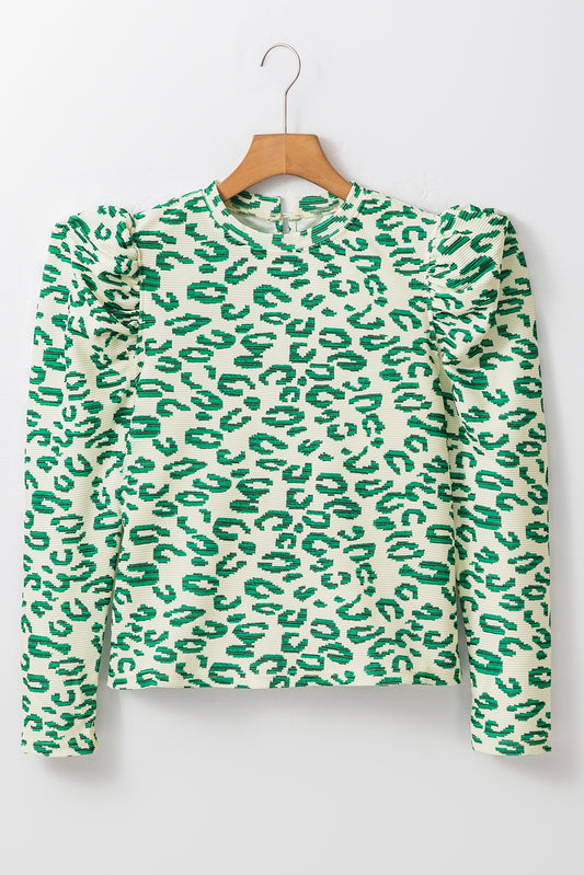 Zwartachtige groene luipaardprint mock nek puff piezerhuls top