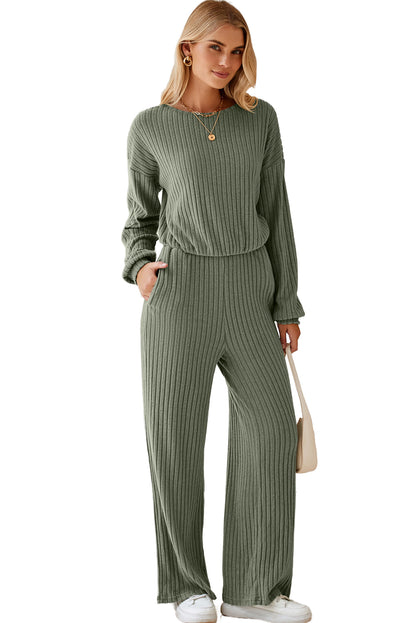 Lauriergroene effen geribbelde gebreide jumpsuit met sleutelgat aan de achterkant en hoge taille