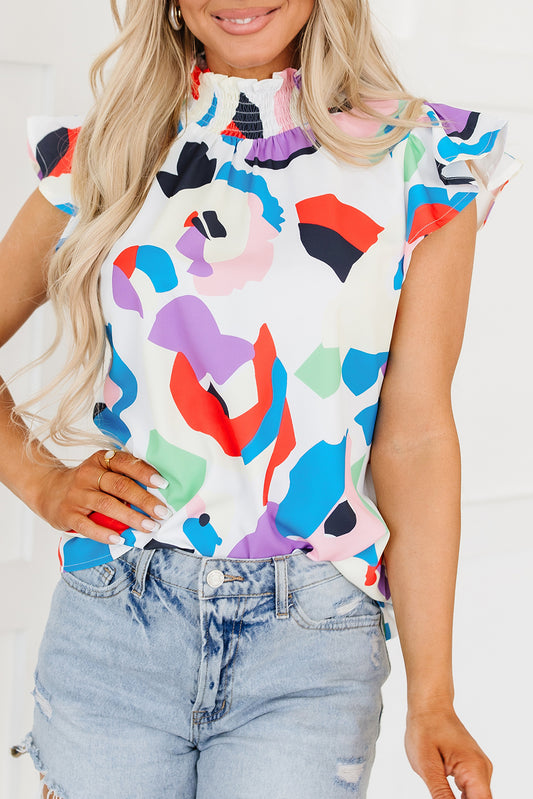 Gesmokte blouse met veelkleurige abstracte print en ruches aan de mouwen